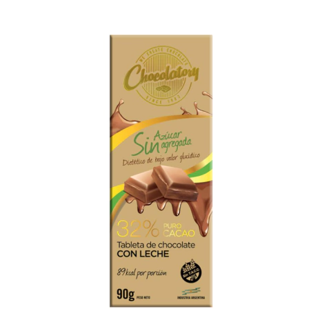 Chocolate con Leche 32% Cacao sin azúcar Chocolatory x 90g Celinda Alimentos sin TACC