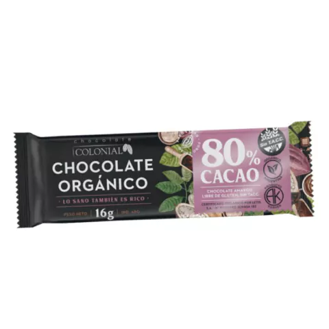 Barra de Chocolate Orgánico 80% Cacao Colonial x 100g Celinda Alimentos sin TACC