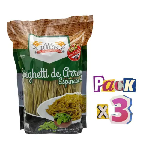PACK x 3 Spaghettis de Arroz con Espinaca All Rice x 300g Celinda Alimentos sin TACC