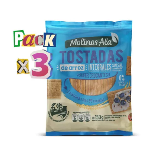 PACK x 3 Tostadas Integrales de Arroz sin Sal Molinos Ala x 150g Celinda Alimentos sin TACC