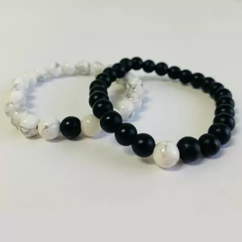 Conjunto Pulseiras Yin Yang - Pedras Howlita e Ágata Negra