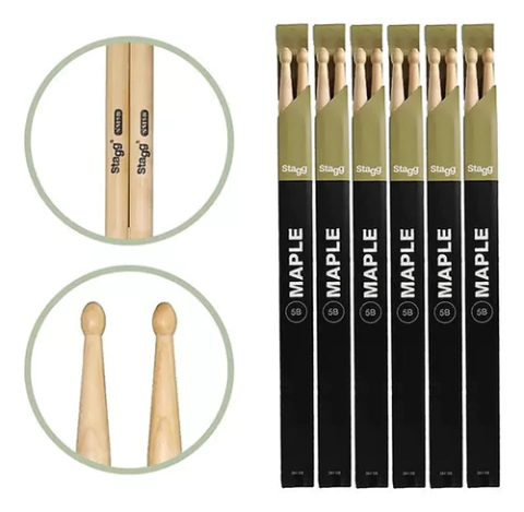 Pack 6 Palillos De Bateria Stagg 5b Punta De Madera Sm5b