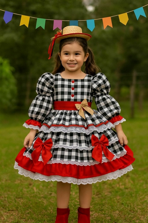 Vestido Junino Clássico Xadrez Preto e Vermelho Helena