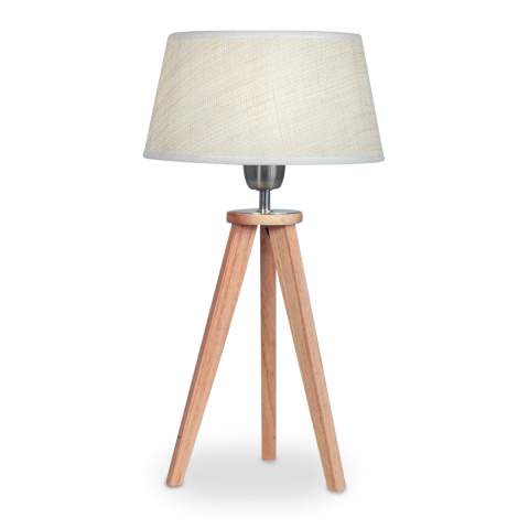 Lampara de mesa velador escritorio trípode E27 madera paraíso pantalla de arpillera nórdico CARILUX - comprar online