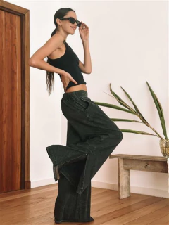 Maxi Palazzo Denim Negro con Tajo