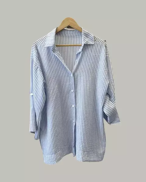 Camisa Lino Rayas Celeste - comprar online