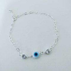 Pulseira Coração e Olho Grego Folheado à prata