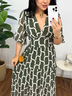 Vestido Longo Arielly estampado verde militar - MM Conceito