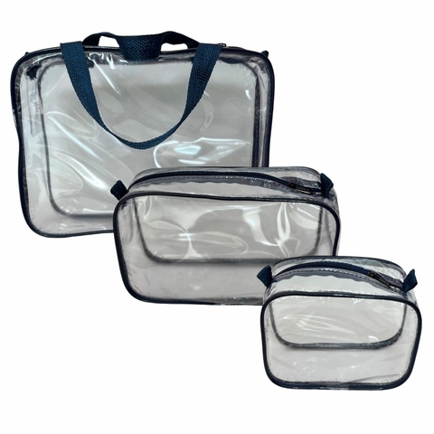 Kit com 3 necessaire TAMANHOS DIFERENTES transparente AZUL MARINHO