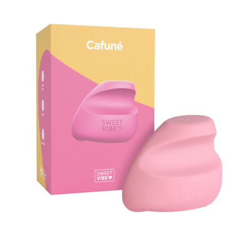 Vibrador Sweet Vibe Cafuné rosa, com embalagem colorida, destacando suas características e design.