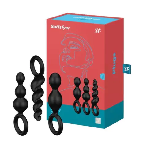 Satisfyer Booty Call Plugues Anais 3 Peças Silicone Macio Preto Flexíveis Diâmetro Aumentando Anel de Retenção