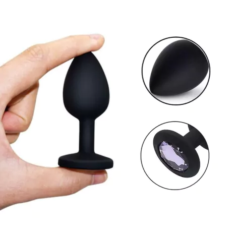 Plug Anal em Silicone Tamanho G 9cm x 4cm Preto com Joia Roxa