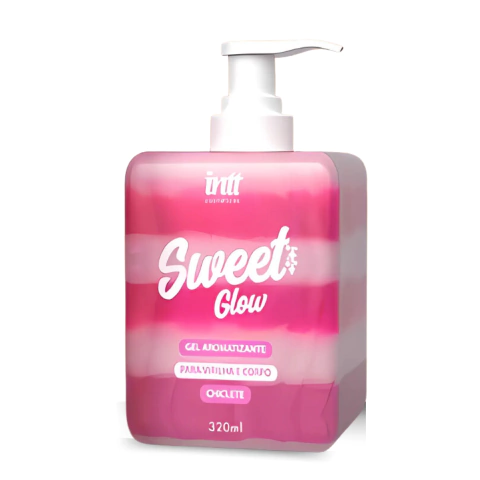 Frasco de gel hidratante Sweet Glow da Intt Cosméticos, 320ml, com design rosa e branco.