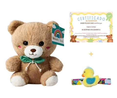 Peluche en Caja RENO VACA OSO + Certificado de Adopcion + Mini Peluche Pato