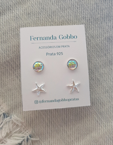 Brincos Duo Pedra Sereia Branca e Estrela Mar