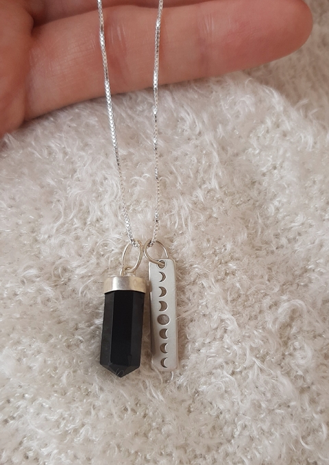 Cordão Plaquinha Fases da Lua com Pedra Obsidiana