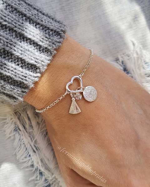 Pulseira Patuá Coração com Ponto de Luz 3mm, São Bento 9mm e Nossa Senhora Aparecida 8mm.