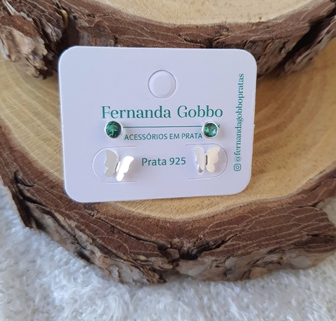 Dupla Brincos Borboleta e Ponto de Luz Turmalina 4mm