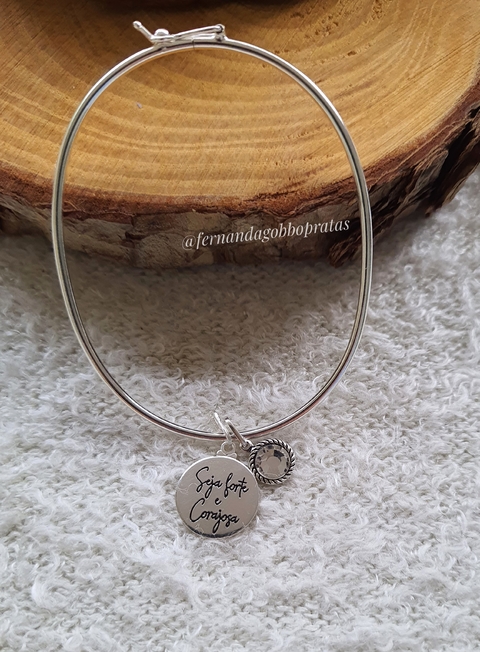 Bracelete 2mm, "Seja Forte e Corajosa" com Pedra Zircônia 8mm
