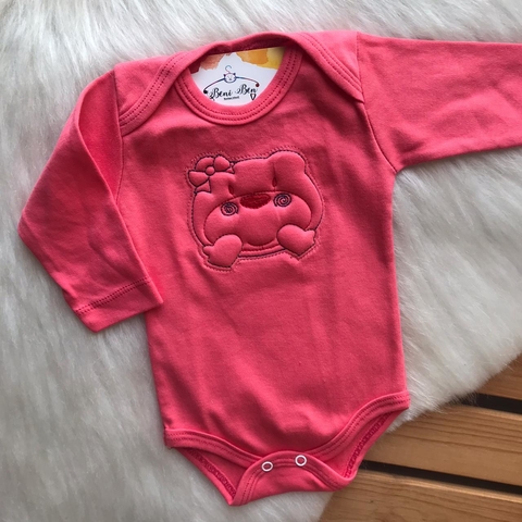 BODY BEBÊ MANGA LONGA BORDADO - ROSA CEREJA