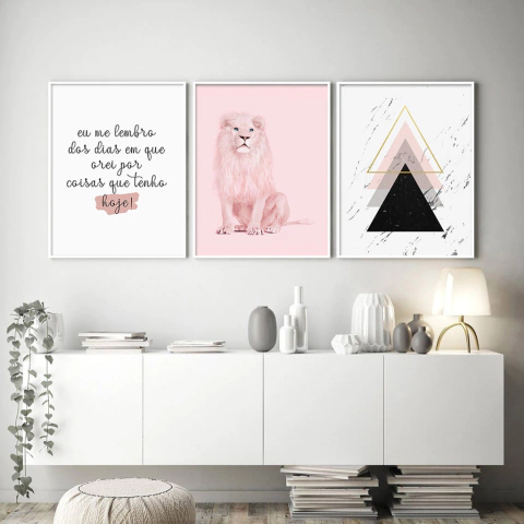 Conjunto Kit 3 Quadros - Leão Rosa, Frase, Geométrico