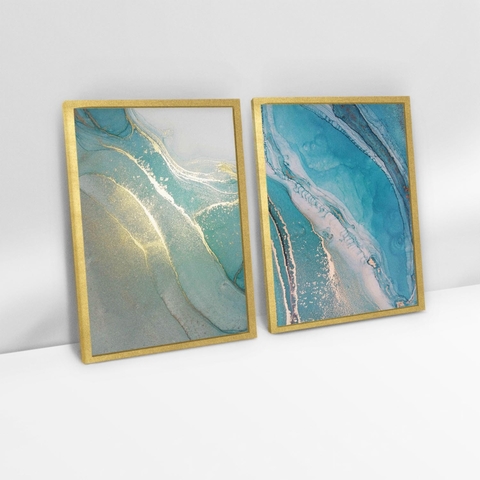 Dupla de Quadros Decorativos - Marmorizado, Gold, Azul