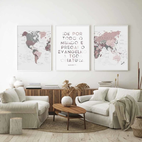 Conjunto 3 Quadros Decorativos - Mapa Mundi Rosa com Versículo Marcos 16:15