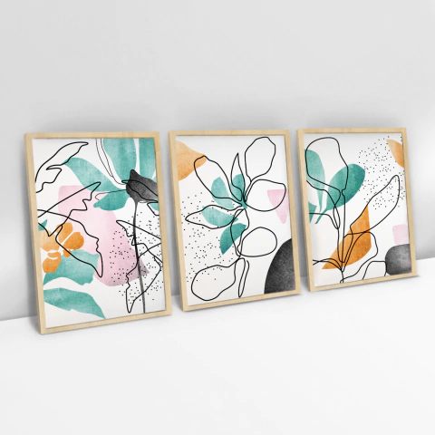 Conjunto de 3 quadros Decorativos - Abstrato Rose, Linhas em Relevo, Folhagens
