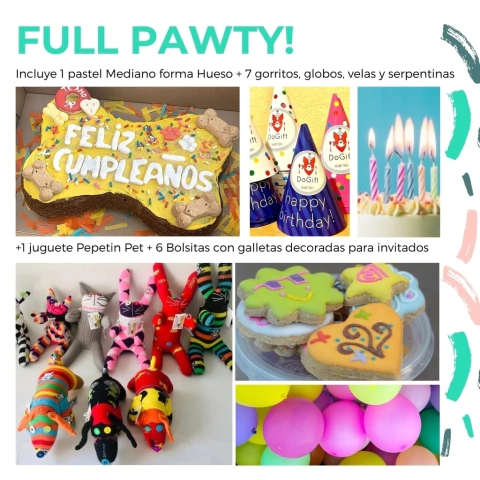 FULL PAWTY: Pastel MED+Kit Fiesta+7 gorritos+1 pep