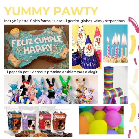 YUMMY PAWTY: 1 Pastel para perro + 1 Juguete + kit fiesta + Snacks Deshidratados