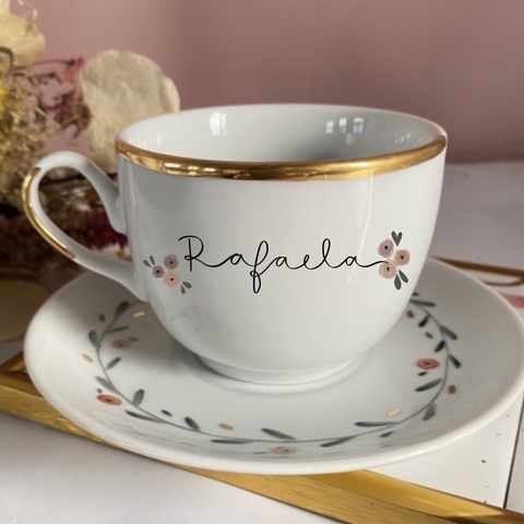 Xícara personalizada com Pires, pintura floral