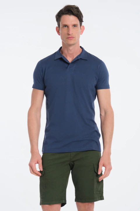 POLO AZUL 1 BOTON PREMIUM PIMA PERUANO - comprar online