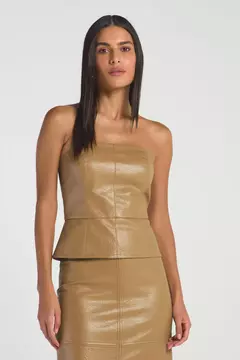 CROPPED TOMARA QUE CAIA COURO ECOLÓGICO CASTANHA - MY PLACE - comprar online