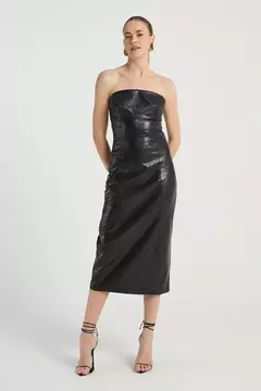 VESTIDO MIDI TOMARA QUE CAIA EM COURO PRETO - MY PLACE - comprar online