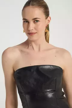 VESTIDO MIDI TOMARA QUE CAIA EM COURO PRETO - MY PLACE - ELMÊ