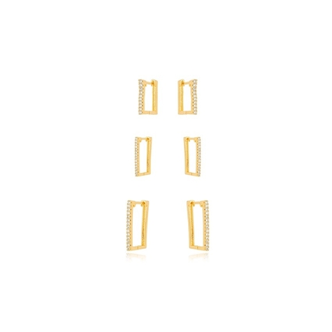 Trio Argola Quadrada cravejeda ouro
