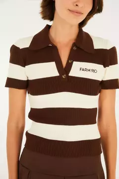 T-Shirt Polo Tricot Listrada Marrom Pinha - farm na internet
