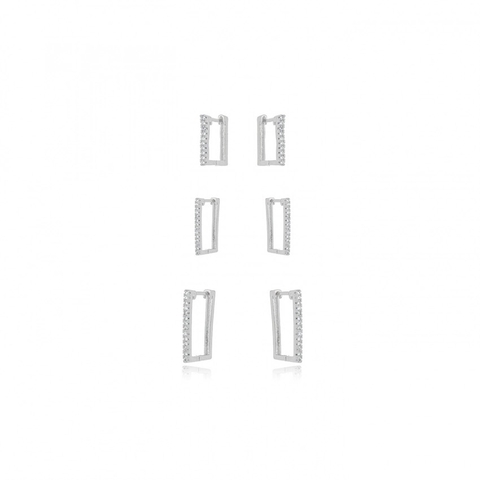 Trio Argola Quadrada cravejeda Ródio branco