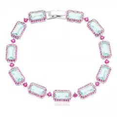 Pulseira retangular cravejada ródio branco aqua marinha