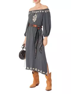 vestido midi bordado Rafis chumbo - Maria filó - comprar online