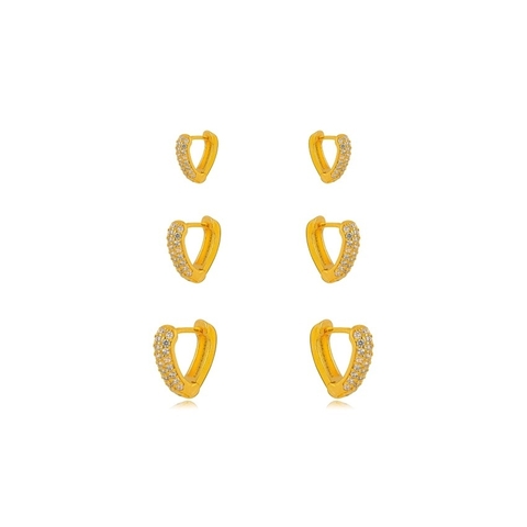 Trio Argola Coração Micro Zircônia Ouro