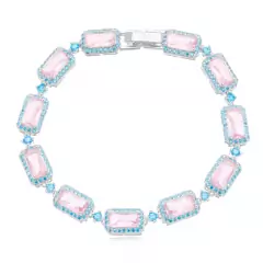 Pulseira retangular cravejada ródio branco rosa quartzo
