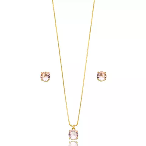 Conjunto Redondo Rosa Quartzo - ouro - comprar online