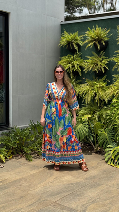 vestido lais midi estampa cajueiro com fios de lurex - azul - ELMÊ