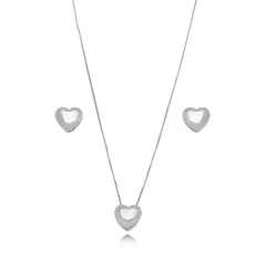 Conjunto Coração Liso ródio branco