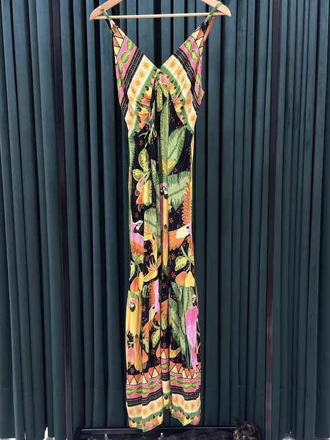 vestido Helena alça longo estampa cajueiro com lurex - preto