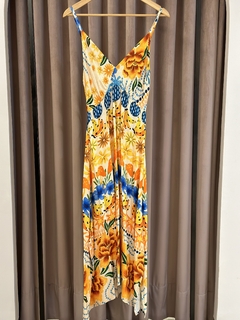 vestido Helena alça midi estampa banana e flor amarelo