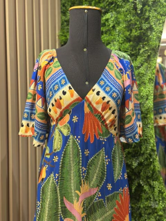 vestido helena manga longo estampa cajueiro com lurex - azul na internet