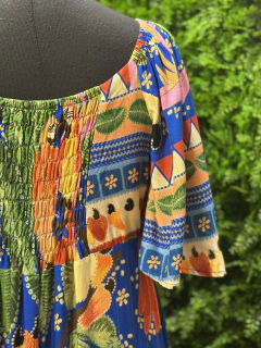 vestido helena manga longo estampa cajueiro com lurex - azul - ELMÊ