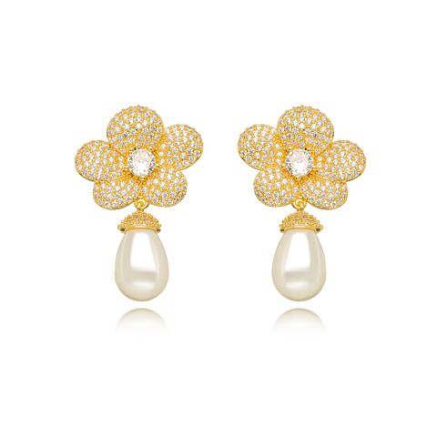 Brinco flor micro zircônia pérola - ouro